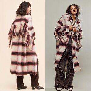 Free People Bali Pressley Long Fringe Plaid Coat Sz M/L Western Boho